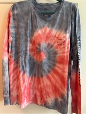 Vineyard Vines Coral and Gray Spiral Tie-Dye Long Sleeve Tee